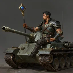 side profile of a filipino man sitting on a tank wielding a scepter, highly detailed, d & d, fantasy digital painting, trending on artstation, concept art, sharp focus, illustration, volumetric light, intricate, matte, art by artgerm and greg rutkowski