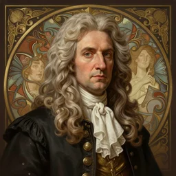 symmetry portrait of isaac newton, studio lighting, intricate, elegant, highly detailed, digital painting, artstation, concept art, smooth, sharp focus, illustration, art by artgerm and greg rutkowski and alphonse mucha