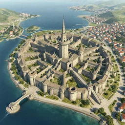 Digital art of a large medieval coastal capital, bird's eye view Marc Simonetti Peter Zumthor