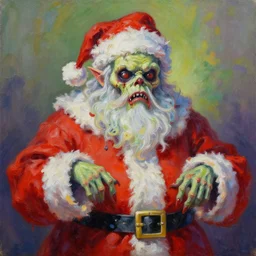 oil painting of grotesque santa claus monster zombie, vivid colors, juicy colors, reflections