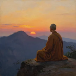 a stunning painting of a zen monk on a mountain overlook at sunset by thomas kinkade and john atkinson grimshaw, matte painting, moody palette