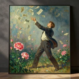 man throwing money into the air by gustave dore. back glass painting, carnation, encaustic painting, b - roll, establishing shot, dappled light, crime scene photography, 8 k, vray, unreal engine, blender cycles, colorful