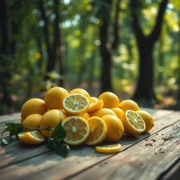 5 5 mm photo of a pile of freshly cut lemons on a wooden table in a magical forest. dof. bokeh. magical atmosphere. art by greg rutkowski. highly detailed 8 k. intricate. lifelike. soft light. nikon d 8 5 0.