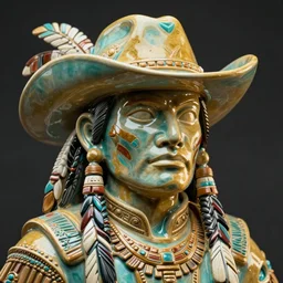 pfp close up ceramic portrait gunslingers cyberpunk native american in tribal regalia, an idea seep's into infinity highly detailed in volumetric latent space, golden turquoise, cinematic light, sharp focus, divine realm of gods, octane render,