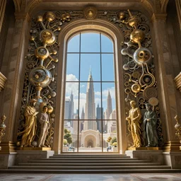 carved futuristic gateway at the end of ancient ornate steps with a large wide window to a city which details the vast architectural scientific ancient and cultural achievements of humankind, complex composition, molecules and machines, renato muccillo, jorge jacinto, damian kryzwonos, ede laszlo, highly detailed digital art, cinematic blue and gold