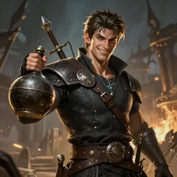 An epic fantasy comic book style portrait painting of a handsome thief smiling with a flagon of ale in hand, unreal 5, DAZ, hyperrealistic, octane render, cosplay, RPG portrait, dynamic lighting