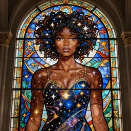 ebony woman stained glass portrait in glorious cathedral temple, magnificent curly hair, beautiful dark-brown skinned female wearing elegant cosmic dress full of stars, symmetrical face, beautiful eyes, fine art, art nouveau masterpiece, art deco, semi realistic anime, museum quality work, cel shaded, art style of John Collier, Moebius, Studio Ghibli, cinematic, widescreen, 4K