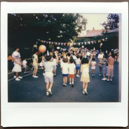 1 9 9 0 s photograph of a kid ’ s birthday party in the middle of the street, vintage, polaroid