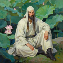 fully clothed bard sitting next to the the lotus pond. this heavily stylized oil painting by the award - winning comic artist has interesting color contrasts, plenty of details and impeccable lighting.