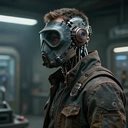 a half - masked rugged laboratory engineer man with cybernetic enhancements as seen from a distance, scifi character portrait by greg rutkowski, craig mullins, 1 / 4 headshot, cinematic lighting, dystopian scifi outfit, profile picture, mechanical, cyborg, implants, dieselpunk