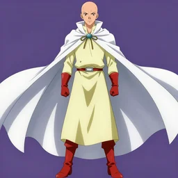 anime key visual of a bald man with long sleeved light yellow shirt, a pair of red gloves, pair of red boots and a very white cape