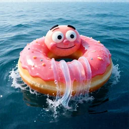 a massive jelly sculpture of a squashed funny on a jelly donut floating on the ocean water, in the style of johnson tsang, cinematic, hyper - realistic, very detailed, realistic jelly splashes, ray tracing, 8 k resolution, long - shot, sharp focus, low angle, 8 5 mm photograph, wide lens