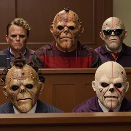 beavis freddy krueger pinhead testifying in court, detailed faces