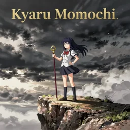 Kyaru Momochi with staff stands on a cliff, anime