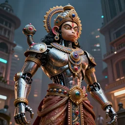 high quality 3 d render cyborg hanuman! madhubani, highly detailed, cyberpunk!! mumbai in the background, unreal engine cinematic smooth, szukalski ravi varma, moody light, low angle, uhd 8 k, sharp focus