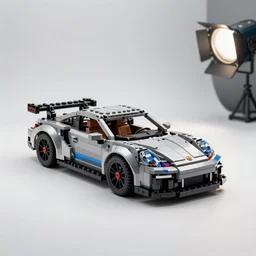( porsche made from lego ) designed by apple, studio photo, white backdrop, studio light, solid works, octane render, macro shot, in focus, dept of field, silver, blue, black design