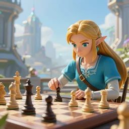 zelda playing chess in a futuristic city, fantasy style