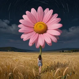 giant pink daisy flower as a head, girl walking in wheat field, hills, surreal photography, dark night, star trails, dramatic light, impressionist painting, clouds, digital painting, artstation, simon stalenhag