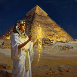 oil painting of a priest from ancient egypt conjures a magic spell at night next to the great pyramid of giza with glowing hieroglyphic symbols flowing out of her hands and lighting up the pyramid, dramatic lighting