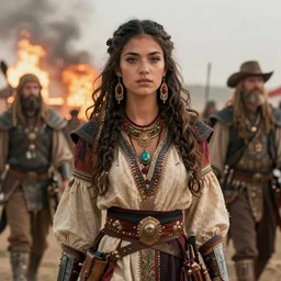 detailed ultrarealistic photography front medium shot of dnd fantasy lord of the rings burningman festival ethnic rustic girl warrior leyendecker, norman rockwell, greg rutkowski, jim henson artstation cinematic, vray game of thrones,