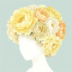 illustration of a beautiful hairpiece made of yellow, cream, light orange and ivory flowers, peonies, in the style of james jean and moebius, pastel colors,