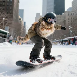 cool cat snowboarding through downtown new york