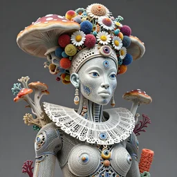 intricate hyper detailed ultra sharp 3 d render porcelain afro maasai warrior biomechanical cyborg, hexagonal wire mesh, analog, studio light, iris van harpen haute couture, laser cut paper collar, headdress with daisies, colorful puffballs, huge fractal mushrooms, rhizomorphs, brackets, sponge corals, intricate details, octane render, 8 k