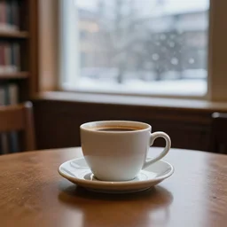 warm cup of coffee on a table in a library with dim lighting in front of a window and outside snow is falling