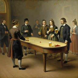 Dutch oil painting from 1600s: Beer Pong table at party
