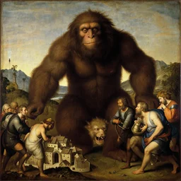 a painting by leonardo da vinci of an enormours furry monster looming over a group of people, in the foreground a small town.