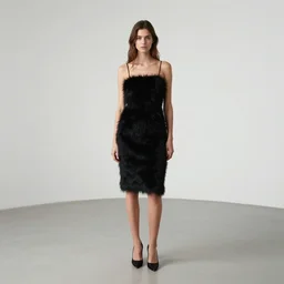 full body aesthetic photograph of a beautiful young woman in a furry black cocktail dress standing in an empty white room by Nick Knight and Lina Tesch, realistic, photorealistic, HD, 4k resolution