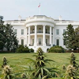 a architectural portrait of the white house surrounded in wild blooming cannabis on a beautiful summer day, cg art, fine art, highly detailed, digital painting, cgi, volumetric lighting, sunny atmosphere