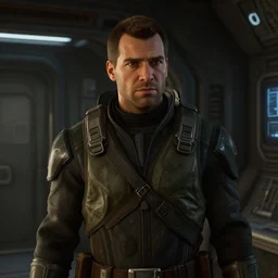 single person. hank hill as commander shepard within the ssv normandy in the videogame mass effect 2. mid - conversation portrait. dim spaceship interior bg behind him. cutscene. hd.