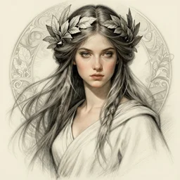 beautiful female druid, portrait, fantasy, young, detailed, sketch, intricate, leaves and simple cloth, dynamic lighting, digital art, digital painting, artstation, wlop, sharp focus, illustration, art by artgerm and greg rutkowski and alphonse mucha, 8 k