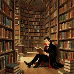giant library, books everywhere, dracula sits reading, illustration by shaun tan