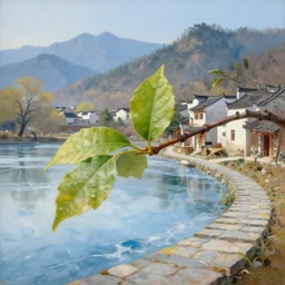 a gorgeous painting by barlowe wayne maxfield parrish and marco mazzoni. a very close - up shot on a branch with 3 leaf!! china mountain village!! sunny morning. the lake ice is melting. the winding stone steps. ultra clear detailed. 3 d, octane render. 8 k