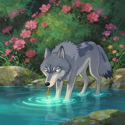 a wholesome key shot of a lone wolf drinking in a glowing pond, low shot angle, studio ghibli, pixar and disney animation, sharp, rendered in unreal engine 5, anime key art by greg rutkowski and nixeu, full bloom, vibrant lighting