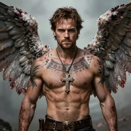 beautiful! Sam Winchester as a muscular angel with a big cross pendant and religious and magic tattoos on chest and neck, big Angel wings wide open, stained and bleeding, D&D!, fantasy style, sharp focus!, ultra detailed, art by Artgerm and Peter Andrew Jones, WLUP