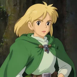 merry from the anime lord of the rings (1986), blond hair, hobbit, green cape, studio ghibli, very detailed, realistic