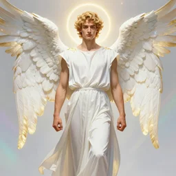 fullbody portrait of a beautiful young fit male angel with curly blond hairs, serene face, closed fists, dressed with long fluent clothes, majestic symmetrical eagle wings, luminous halo, by greg rutkowski and alphonse mucha, gradient white to gold, in front of an iridescent background, highly detailed portrait, digital painting, artstation, concept art, smooth, sharp focus illustration