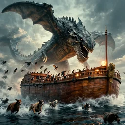 film still from epic scene of Noah’s ark, with the kraken attacking the ark and animals fleeing, cinematic lighting and composition, directed by Steven Spielberg and Ridley Scott