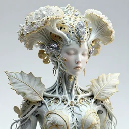 intricate hyper detailed ultra sharp natural bright light 3 d render of a beautiful smooth porcelain fascinating cyborg woman portrait, medium shot portrait, alexandre ferra mecha, cyberpunk art nouveau haute couture huge fractal white silver gold mycelum and crystal pore fungi head ornaments, big embroidered leaves filigree spreaded roots, octane render, volumetric cinematic lighting, 8 k, vray tracing