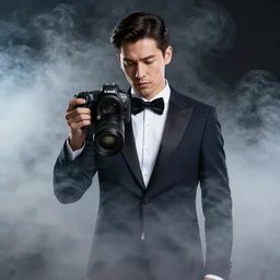 Man wearing classy tuxedo inside cloud of smoke, highly detailed, Canon EOS R3, details, f/1.4, ISO 200, 1/160s, 8K, RAW, unedited