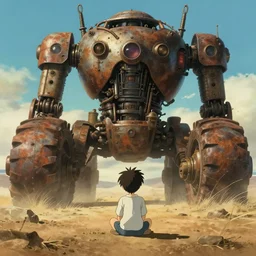 backview still of a kid looking up to a giant monumental steampunk monumental!!!!! giant!!!!! rusty robot - tractor sit the ground, sun light, finely detailed features, dramatic, cinematic shot, desert, gapmoe yandere grimdark, trending on pixiv fanbox, painted by greg rutkowski makoto shinkai takashi takeuchi studio ghibli, akihiko yoshida, artstation
