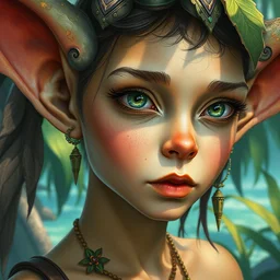 closeup portrait of a goblin girl in the tropical island. highly detailed, digital painting, watercolor, soviet realism, engraving, artstation, concept art, smooth, sharp focus, vivid grunge, manga, illustration, unreal engine 5, 8 k, art by bilibin and kilian eng and kuvshinov and malevich and mucha