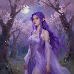 a beautiful painting of a beautiful violet haired elf queen in a cherry blossom forest, volumetric lighting, moonlit by greg rutkowski and kalin popov, trending on artstation, masterpiece,