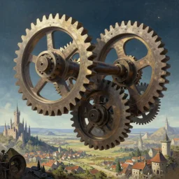 giant interlocked gears cogs, giant geometric mechanisms structures floating in space, industry, villages castles, buildings vista artstation illustration sharp focus vista painted by ruan jia raymond swanland lawrence alma tadema zdzislaw beksinski norman rockwell tom lovell alex malveda greg staples