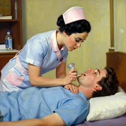 katy perry as a nurse, she is giving a patient mouth to mouth resuscitation, oil painting by norman rockwell,