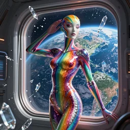 a photo of 8k ultra realistic corrupted rainbow humanoid queen standing next to a spaceship window overlooking earth, swarm of transparent glass shards, realistic character concept, medium shot, fun pose, comic book, illustration, slender symmetrical face and body, artstation, cinematic lighting, hyperdetailed, cgsociety, 8k, high resolution, Charlie Bowater, Tom Bagshaw, single face, insanely detailed and intricate, beautiful, vfx, postprocessing