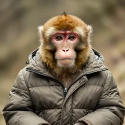an old photo protrait of a monkey wearing a puffer jacket